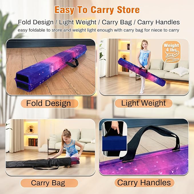 MARFULA 6 FT / 8 FT / 9 FT Folding Gymnastics Beam Foam Balance Floor Beam - Extra Firm - Suede Cover - Anti Slip Bottom with Carry Bag for Kids/Adults Home Use