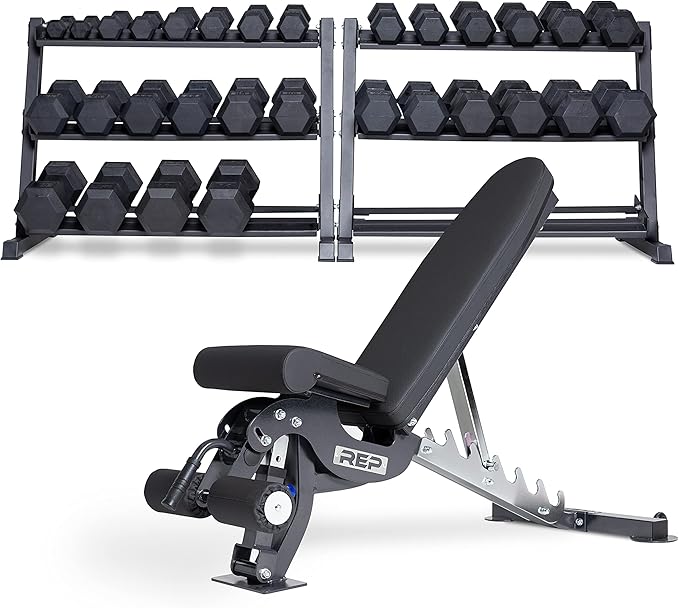 REP FITNESS Dumbbell Set with Bench – 5-50, 5-75 or 5-100 Rubber Hex Dumbbell Set with Either Flat or Adjustable Bench