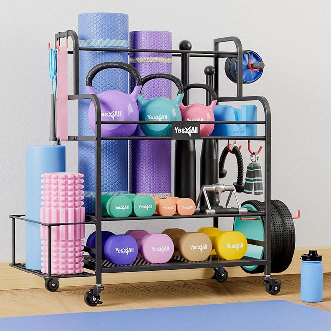 Yes4All Dumbbell Rack, Weight Rack for Home Gym, Sports Equipment Organizer for Dumbbells Kettlebells Yoga Mat Foam Roller and Balls, All in One Gym Workout Storage with Wheels and Hooks, Black