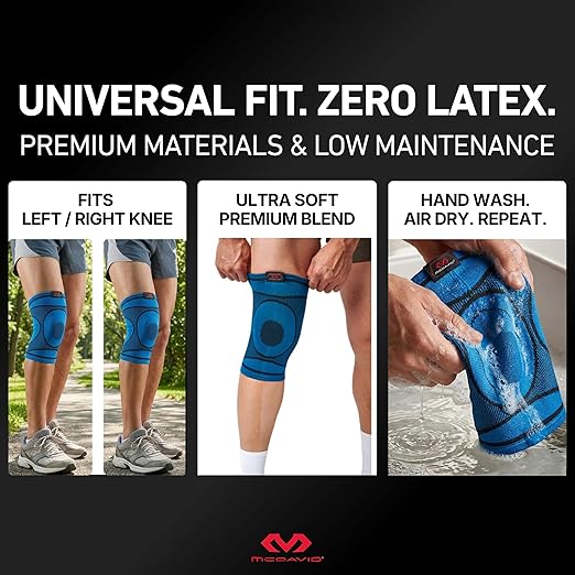 McDavid 4-Way Elastic Knee Sleeve, Compression Knee Support for Pain Relief, Soreness, All-Day Daily Activity Blue/Black S