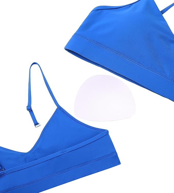 Oalka V Neck Sports Bra for Women Adjustable Padded Thin Straps Wireless Yoga Bras