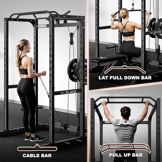 JELENS S21 Power Cage, Multi-Function Power Rack with Adjustable Cable Crossover System, 2000LBS Squat Rack for Home Gym with More Training Attachments