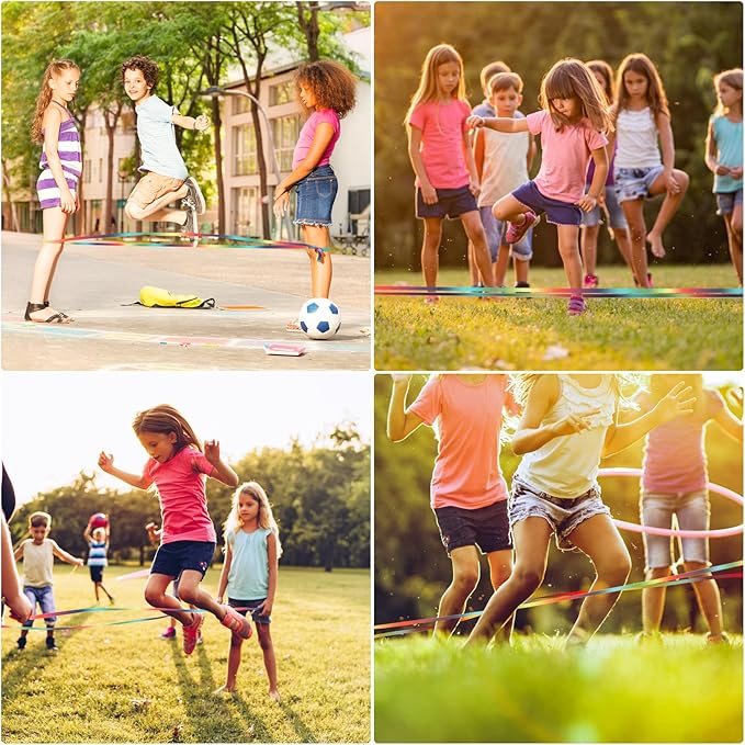 Cikyner Chinese Jump Rope, 4m Long 1.5cm Wide Elastic Chinese Ropes with Instructions French Skipping Rainbow Band for Indoor and Outdoor Children Jumpsies Games, Ideal for Gifts for Girls and Boys