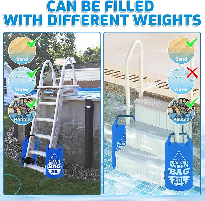 2 Pack Heavy Duty 20L/45LB Pool Ladder Weights, 500D PVC Waterproof Pool Step Sand Bags for Above Ground Swimming Pools Stair, Universal Foldable Pool Stair Weight with Handles