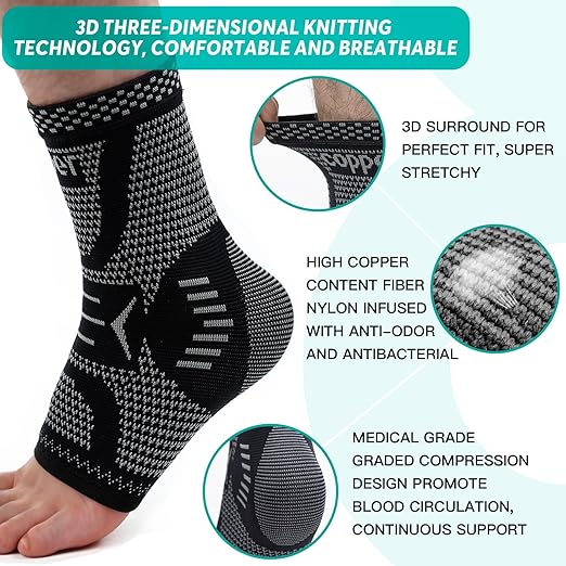 INDEEMAX Ankle Brace Compression Sleeve for Women & Men, Ankle Support Copper Infused Ankle Brace for Sprained Ankle, Plantar Fasciitis Sports, Achilles Tendonitis Pain Relief, Sliver Black, S