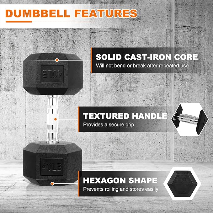 Fitvids Hex Dumbbells Rubber Coated Hand Weights for Exercises and Fitness, 10-50LB Option