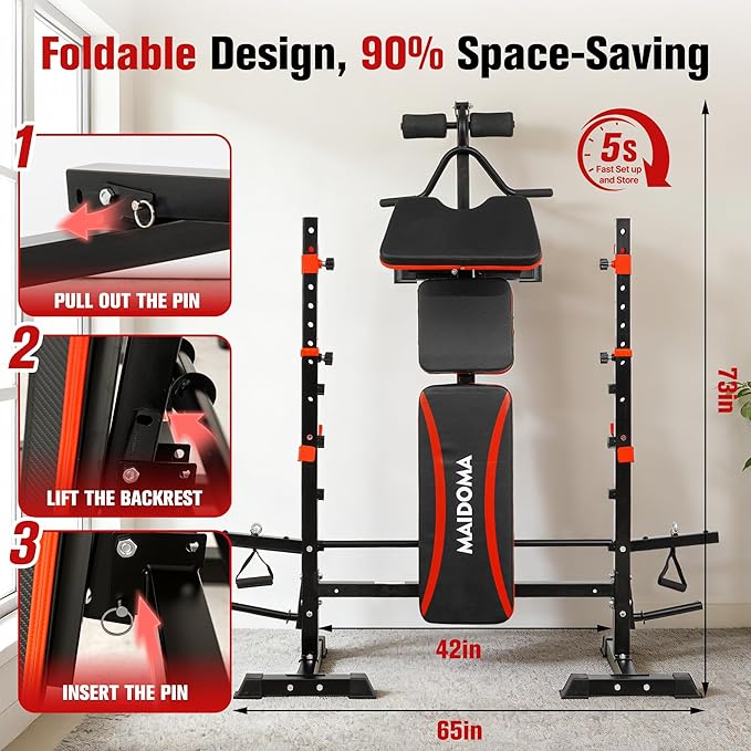 Foldable 1500LBS 8 IN 1 Olympic Weight Bench Set with Squat Rack, Leg Extension/Curl & Preacher Curl, Adjustable Bench Press Set with Safety Bar Catches for Home Gym Full Body Workout