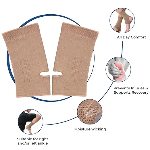 NeoTech Care Ankle Support Sleeve - Open Heel, Light, Elastic & Breathable Knitted Fabric - Medium Compression - For Men, Women, Kids - Right or Left Foot (Beige Color, Size L, 1 Pair)