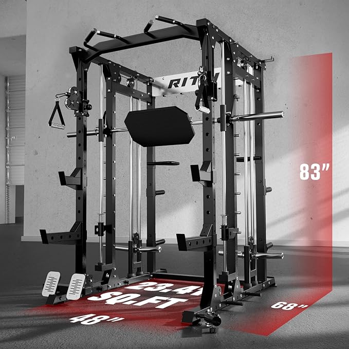 RitFit Buffalo Smith Machine, Power cage with LAT-Pull Down System & Cable Crossover System, All-in-One Squat Rack for Home Gym, Power Rack