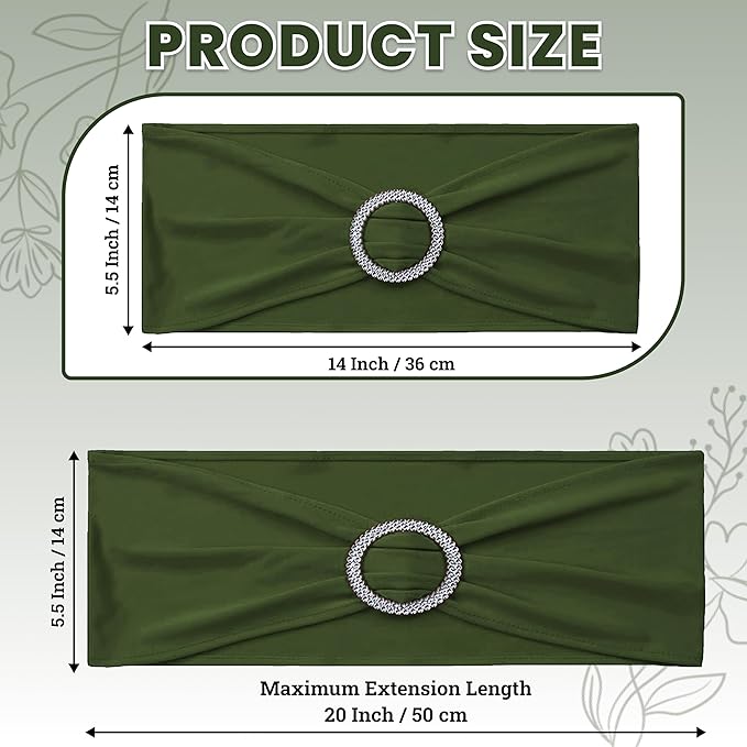 VDS - Olive | Spandex Chair Sashes Bows | 125 PCS | Stretch Elastic Banquet Universal Folding Chair Band Tie with Silver Buckle Slider for Wedding Party Conference Celebration Event Decoration