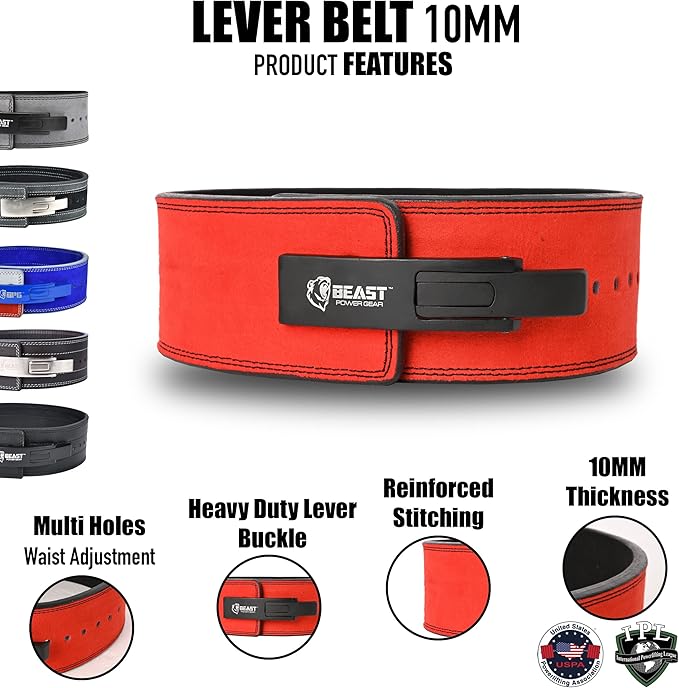 Beast Power Gear Weight Lifting Belt Lever Buckle 10MM 13MM Thick & 4 Inches Free Strap Weightlifting, Powerlifting, Deadlifts, Squats Men Women