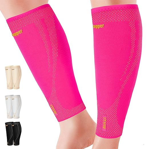 Copper Calf Compression Sleeves for Men & Women - High Stretch Graduated Compression with Anti-Slip Grip | Breathable & Smooth Lining Footless Design for Runners, Shin Splints, Leg Fatigue & Travel (Pink, X-Large)