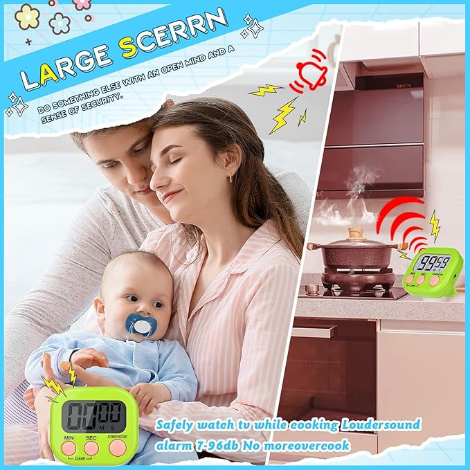 Mwellewm Digital Timers for Classroom Kitchen Timers for Cooking Small Magnetic Stopwatch Mini Countdown Loud Alarm Stop for Study Work Baking Sports Games Office(Pink, Blue, Green, Orange, 12Pcs)