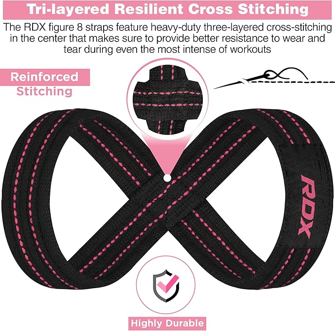 RDX Weight Lifting Straps Figure 8, Anti Slip Strap with Cuffs Wrist Support for Gym Workout Deadlift Powerlifting Bodybuilding Weightlifting, Fitness Strength Training, Hand Bar Grip for Men