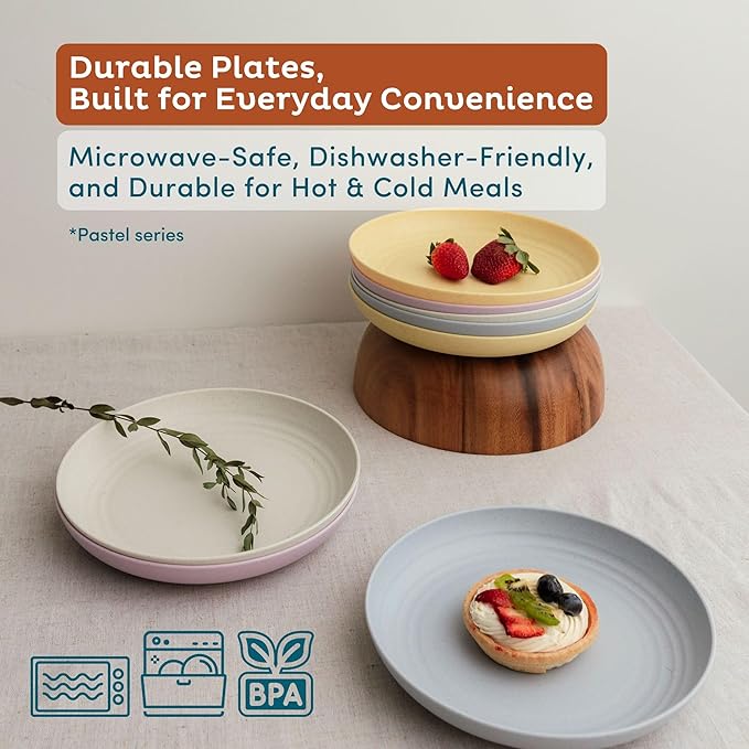 Nook Theory 8-Pack Reusable Wheat Straw Plates Set - Non Toxic and Non Plastic Dinner Plates for Kids and Adults, Lightweight Unbreakable Plate, Microwave Safe and Dishwasher Safe (Skylight 9")