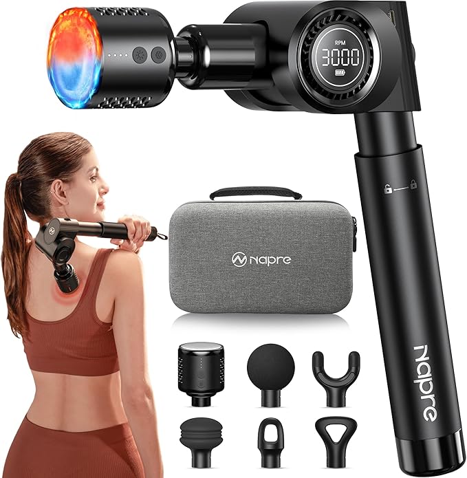 NAPRE Massage Gun with Heat and Cold,Deep Tissue Percussion Back Massager for Muscle/Neck/Body Pain Relief with Long Extension Handle,32-Speeds,Foldable with 5 Adjustable Angles,Mothers Day Gifts