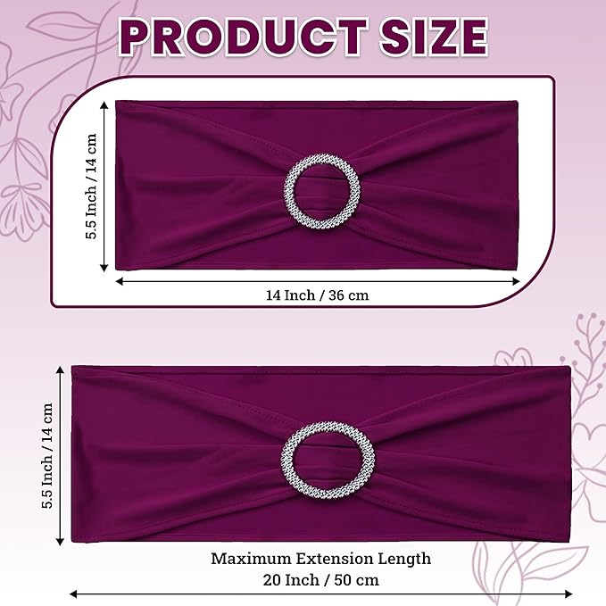 VDS - Eggplant | Spandex Chair Sashes Bows | 125 PCS | Stretch Elastic Banquet Universal Folding Chair Band Tie with Silver Buckle Slider for Wedding Party Conference Celebration Event Decoration