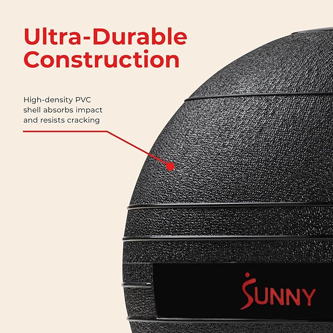 Sunny Health & Fitness Ultra-Durable Slam Ball, Sand Filled No-Bounce Core, Non-Slip Grip – Available in 10–50 lbs