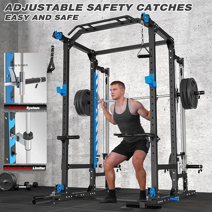 ULTRA FUEGO Power Cage with Cable Crossover/Smith Machine System LAT-Pull Down System Power Rack Squat Rack Training Attachments for Home Gym