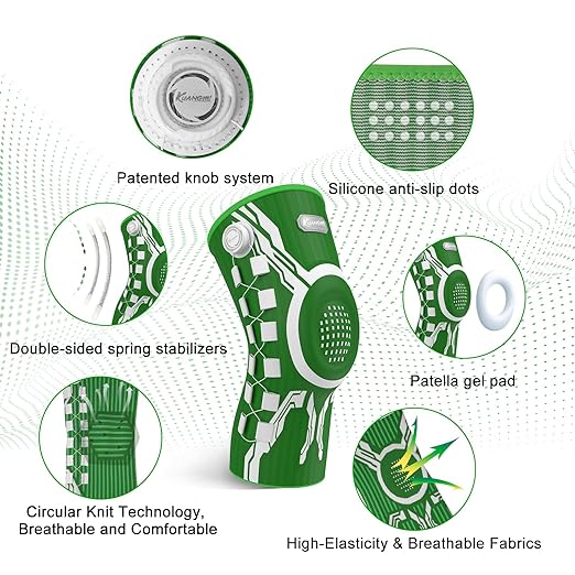 Kuangmi Knob Knee Brace for Pain Relief, Knee Support with Patella Gel Pad & Side Stabilizers, Compression Knee Sleeve for Workout, Arthritis, Joint Pain, Meniscus Tear (Green White,Right,X-Large,Single)