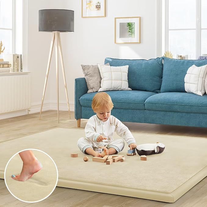 Baby Play Mat for Floor Nursery Rug Muscle Mat Area Rug Playroom Rug 79"x110" Playpen Mat Memory Foam 1.3" Thick Crawling Mat for Babies,Toddlers, Infants, Kids,Light Beige