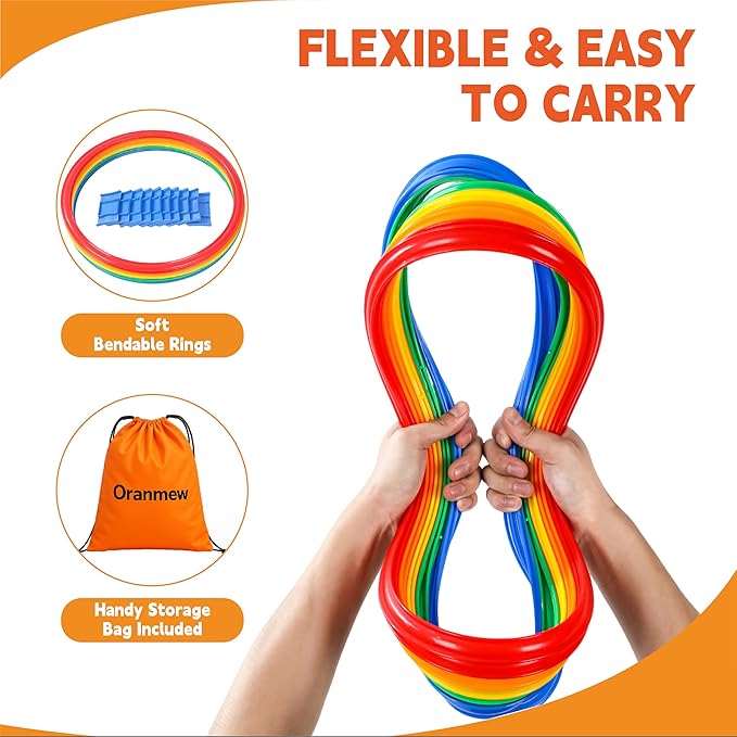 Hopscotch Rings – Hoop + Square, 2-Set – (10 Round + 10 Square, 15-inch) + 30 Connectors, Agility Rings for Kids, Gross Motor Skills, Preschool & Kindergarten PE, Playground Obstacle Course