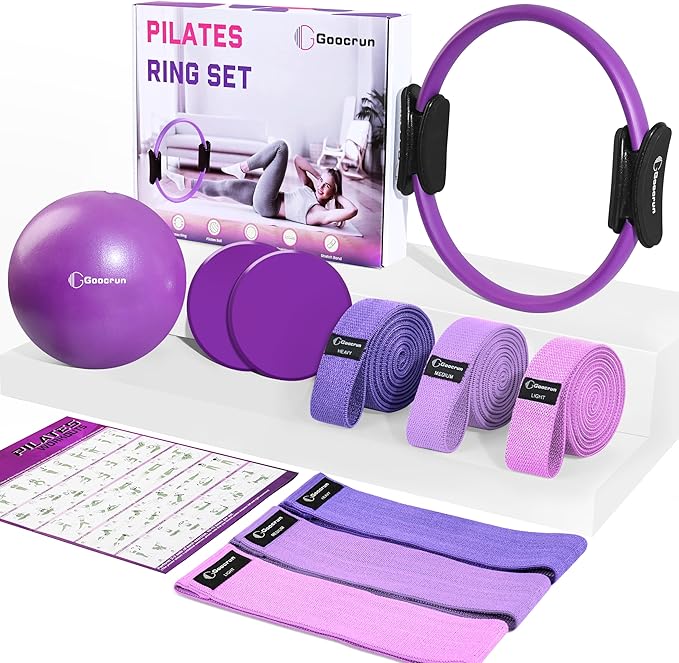Goocrun Pilates Ring Set Exercise Equipment, with Exercise Resistance Bands Set, Pilates Ball, Sliding Disks. Portable Home Gym - with Fitness Guide Poster