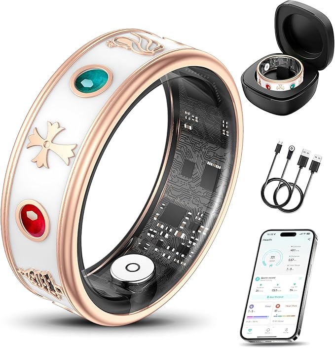 Smart Ring for Women,Fitness & Activity Tracker with Blood Pressure/Heart Rate Monitor, Sleep Tracker, Step Counter, IP68 Waterproof Ring for iOS&Android,Fast Charge,No Subscription (Rose Gold,Size9）