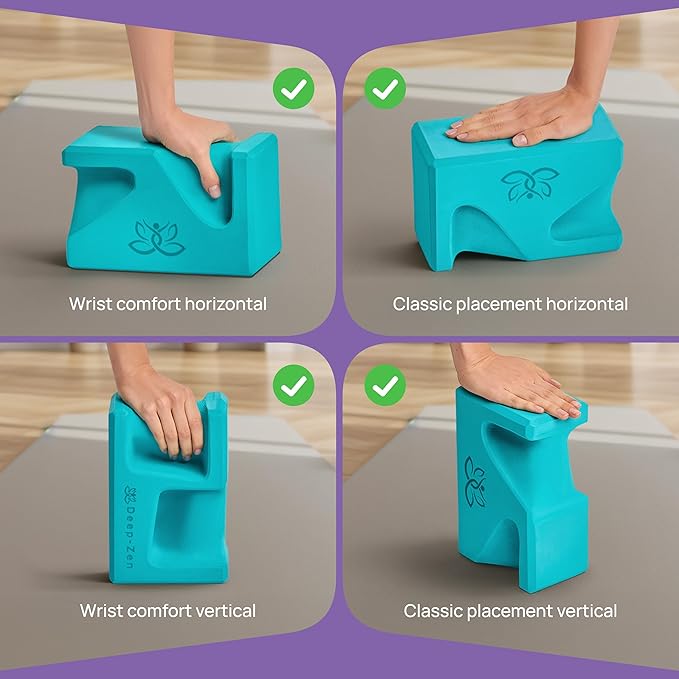 PRO Yoga Blocks | Ergonomic Yoga Block 2 Pack for Wrist Comfort and Support | EVA Foam Exercise Blocks, 2x Knee Pads & Yoga Strap | Pilates Block Set | Bricks to Eliminate Wrist Pain