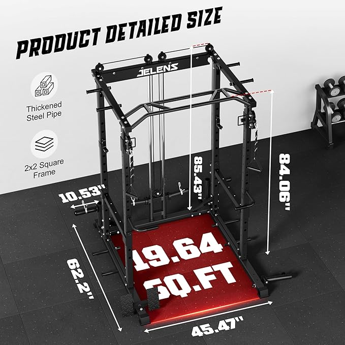 JELENS C12 Squat Rack for Home Gym, 2000LBS Power Rack with Adjustable Pulley System, Power Cage Workout Equipment with LAT Pulldown and Training Attachment