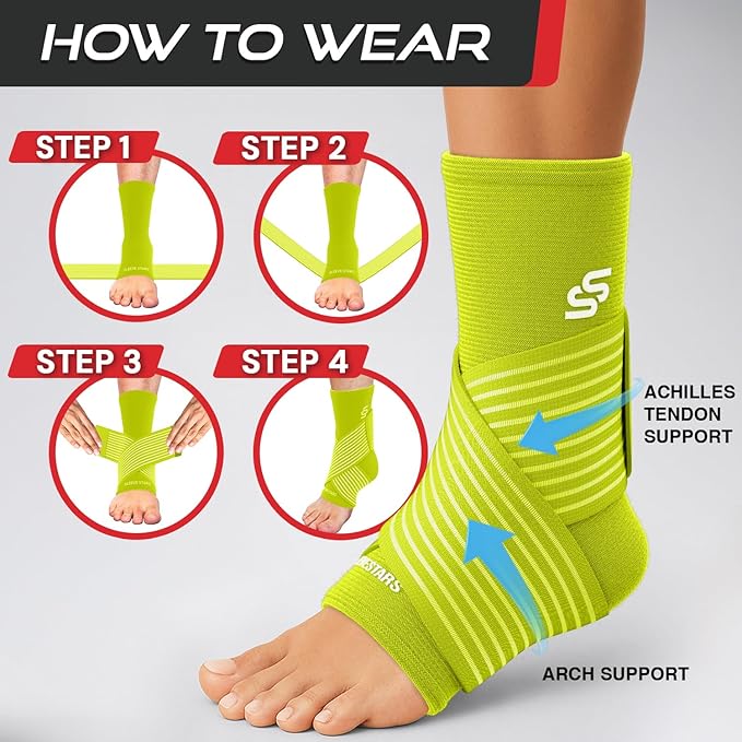 Sleeve Stars Ankle Brace for Women & Men, Ankle Wrap for Sprained Ankle, Compression Sleeve for Plantar Fasciitis Relief, Easy Customizable Support: w/ Removable Strap (Pair/M:10"-12"/Neon Yellow Green)