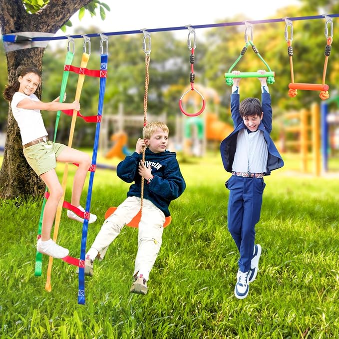 Ninja Warrior Obstacle Course for Kids Outside-Ninja Slackline 52ft with 11 Durable Obstacles-Climbing Net,Wheel, Warrior Gymnastics & Monkey Bars,Slack Lines for Backyard for Kids.