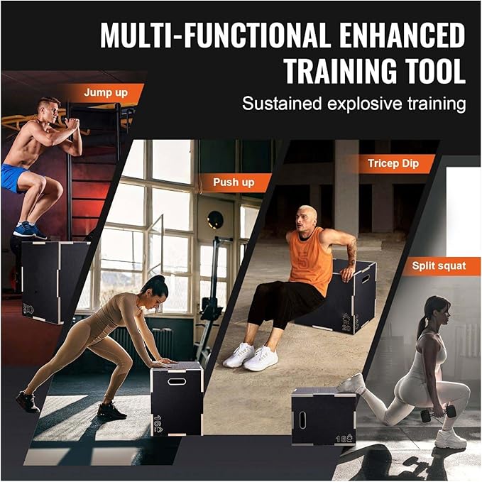 Plyometric Jump Box - 24/20/16 Inch Wooden Plyo Box - Adjustable Fitness Platform for Home Gym, Strength Training & Agility Drills - Black