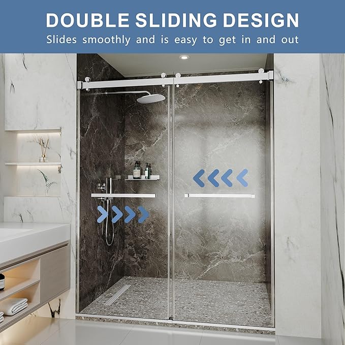 50-54" W x 76" H Frameless Shower Door, Double Sliding Glass Shower Door with 5/16" (8mm) Clear SGCC Tempered, Roller Disc System, 304 Stainless Steel (Brushed Nickel, 50-54" W*76" H)