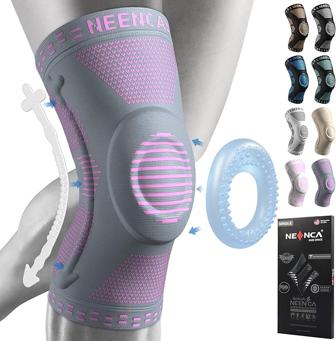 NEENCA Professional Knee Brace for Pain Relief, Medical Knee Support with Patella Pad & Side Stabilizers, Compression Knee Sleeve for Meniscus Tear, ACL, Joint Pain, Runner, Workout (Pink Gray, L)