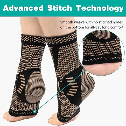 INDEEMAX Ankle Brace for Sprained Ankle Compression Sleeve, 2 Pack Copper Infused Ankle Support Brace for Women & Men, Plantar Fasciitis Relief Achilles Tendonitis, Sports Running, Copper Black, XL