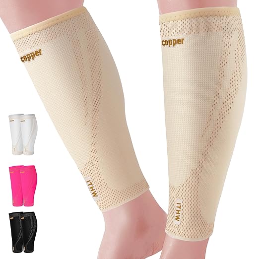 Copper Calf Compression Sleeves for Men & Women - High Stretch Graduated Compression with Anti-Slip Grip | Breathable & Smooth Lining Footless Design for Runners, Shin Splints, Leg Fatigue & Travel (Nude, XX-Large)