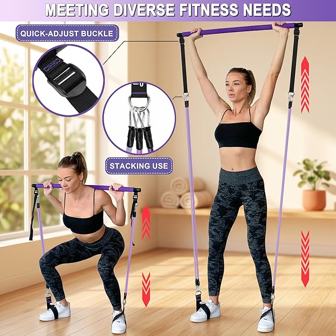Goocrun Portable Pilates Bar Kit with Resistance Bands for Men and Women - 3 Set Exercise Resistance Bands - Multifunctional Home Gym - Supports Full-Body Workouts – with Fitness Poster and Video