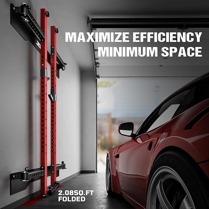 JELENS SF01 Folding Squat Rack, Wall Mounted Power Rack for Home Gym, Space Saving Multi-Functional Power Cage with More Attachments