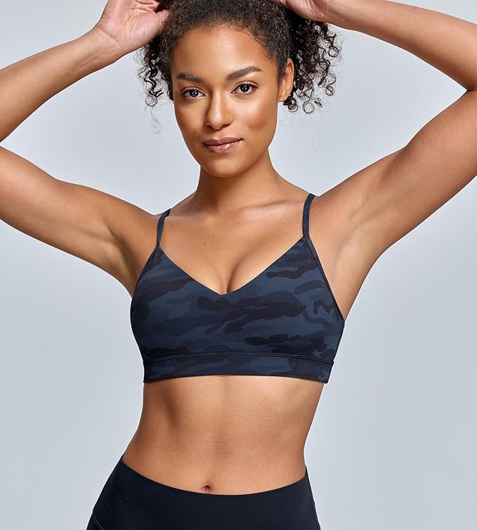 Oalka V Neck Sports Bra for Women Adjustable Padded Thin Straps Wireless Yoga Bras