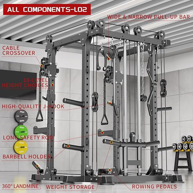 Multi-Purpose Squat Rack,Smith Machine Weight Rack Set with Cable Crossover System, Home Gym Power Racks, Power Racks and Packages