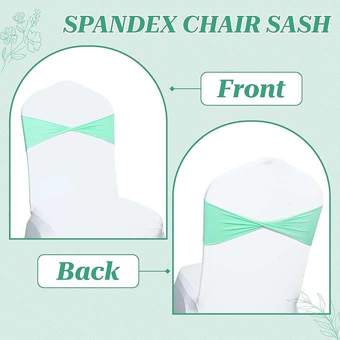 MDS Pack of 100 Spandex Chair Sashes Bows Elastic Stretch Dining Chair Bands Ties Without Slider Buckle Universal fits for Wedding Baby Shower Birthday Party Banquet Event Decoration - Sea Green