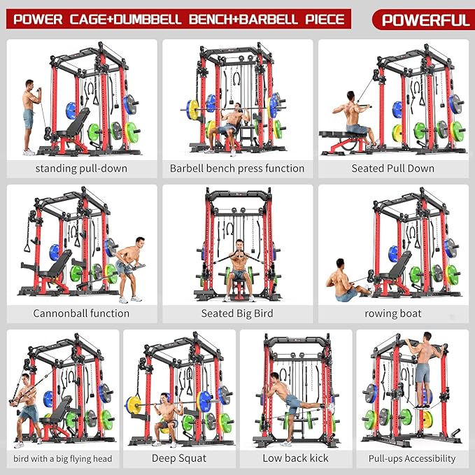 Multi-Purpose Squat Rack,Smith Machine Weight Rack Set with Cable Crossover System, Home Gym Power Racks, Power Racks and Packages