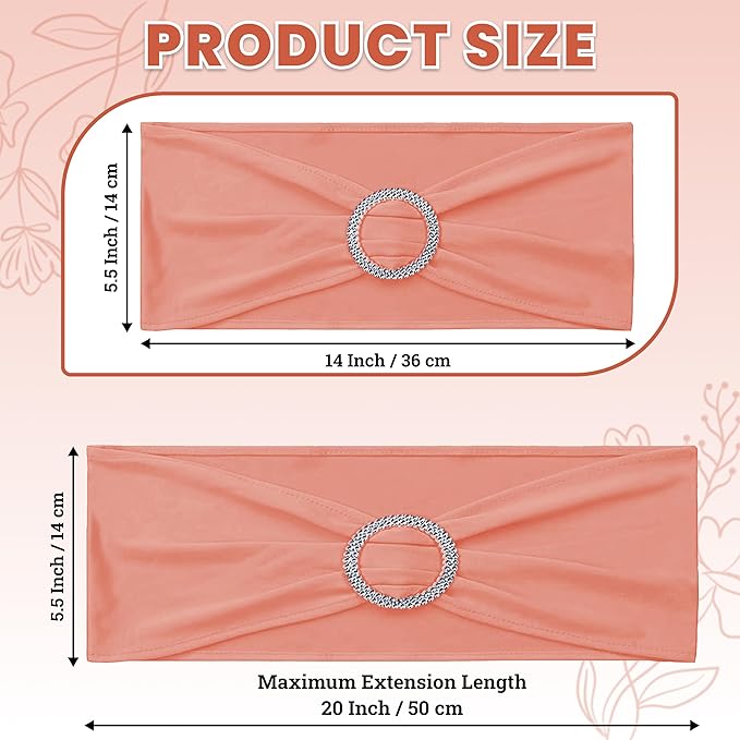 MDS Pack of 100 Spandex Chair Sashes Bow Premium Stretch Chair Cover Band with Buckle Slider Universal fits Elastic Dining Chair Ties for Wedding Party Banquet Events Decoration - Coral Peach