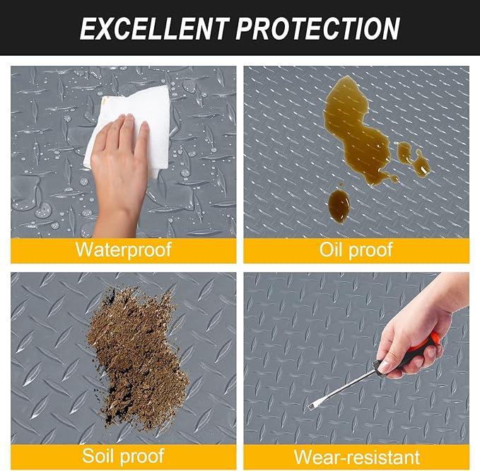 4x10FT Garage Floor Mat, 2.8mm Thickened Flooring Roll for Under Car, Golf Cart Parking Mat, Diamond Plate PVC Rubber Motorcycle Mat, Non-Slip Floor Protector for Garage Warehouse Trailer, Grey