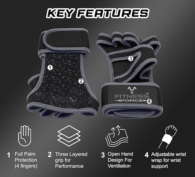 FITNESS FORCE Ventilated Weightlifting Gloves Workout Gloves for Men & Women with Built-in Wrist Wraps Fingerless Gym Gloves for Men Perfect for Exercise Fitness, Weight Lifting, Cross Training