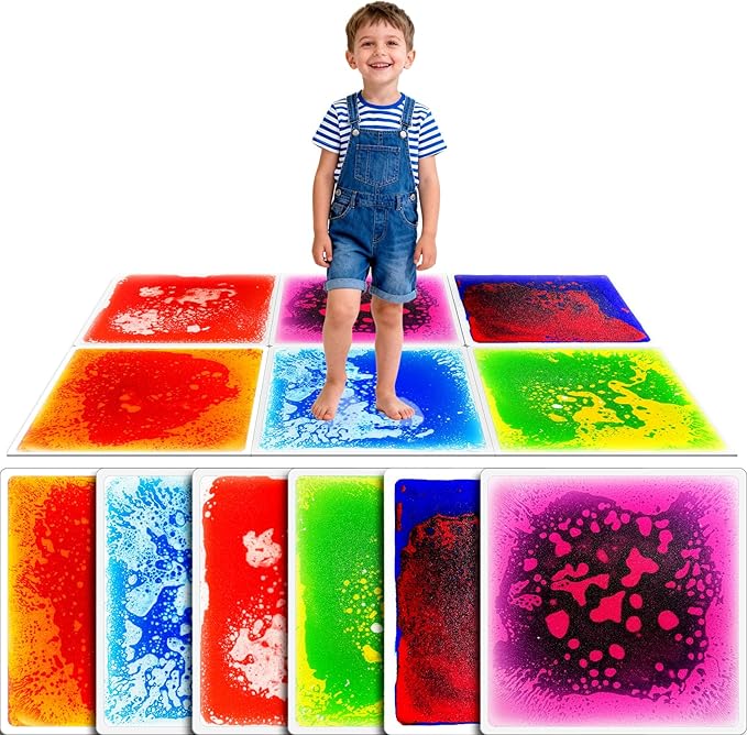 Toddler Sensory Liquid Floor Mats - 6-Piece Liquid Play Mat Pack, 12" x 12" Square Sensory Puzzle Mats for Autism, Lava Brick Dance Step Mats, Montessori Gross Motion Toys for Preschool Classrooms