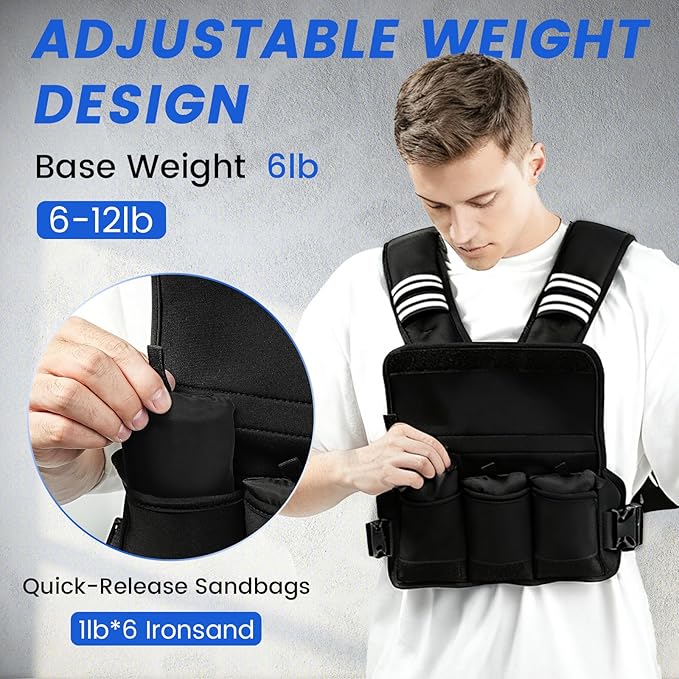 Adjustable Weighted Vest Woman Men, 6-12lb/12-18lb/20-32lb Weight Vest with 6 Ironsand Weights for Strength Training Rucking Running Walking Fitness Workout