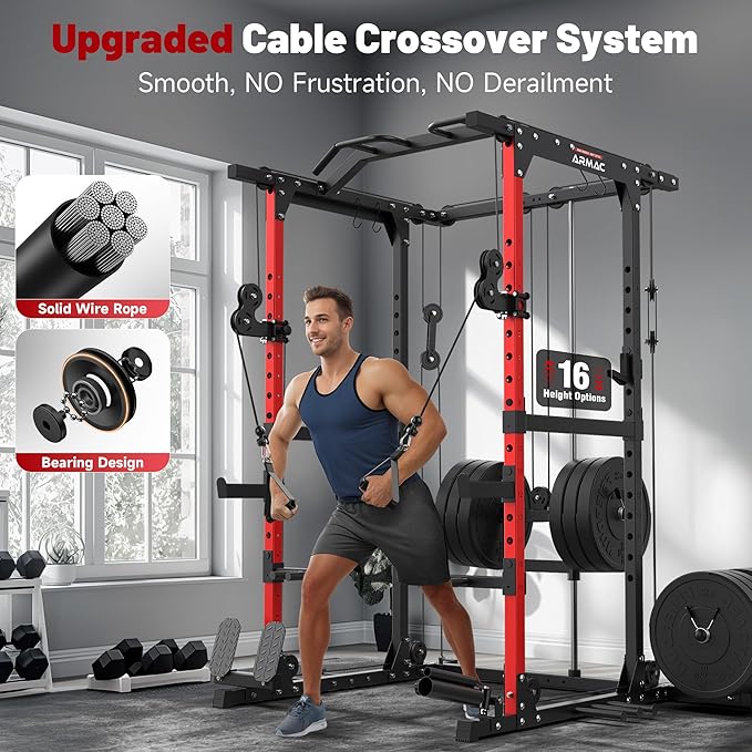 Sportsroyals Squat Rack, LAT Power Cage, Power Rack Multi-Function with Pulley System and Training Attachments for Home Gym