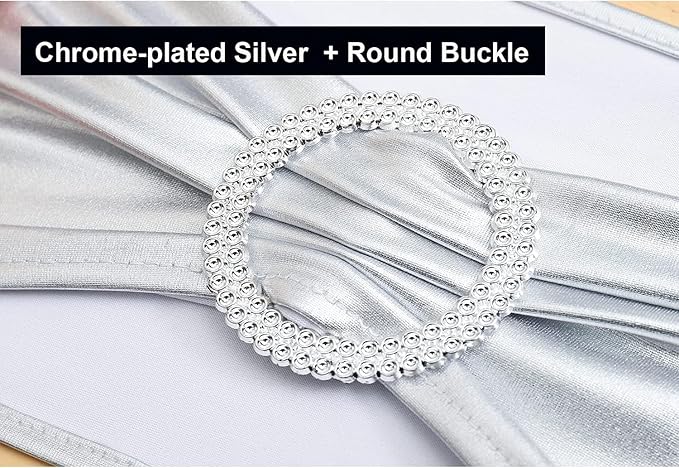 MDS Pack of 250 Spandex Foil Chair Sashes Bow Universal fits Elastic Stretch Chair Bands Ties with Buckle for Wedding Lycra Slider Bow - Metallic/zari/Sparkle Silver